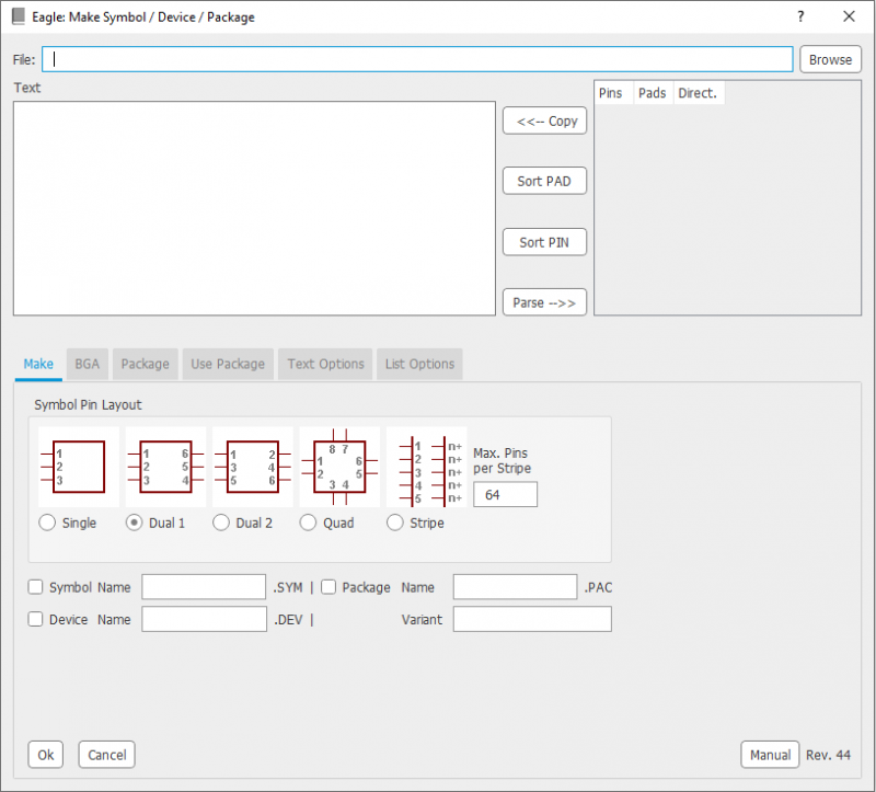 Generates Symbol and Device from a text file containing a list of pin names - new window