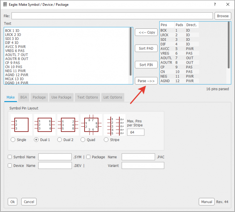 Generates Symbol and Device from a text file containing a list of pin names - Parse