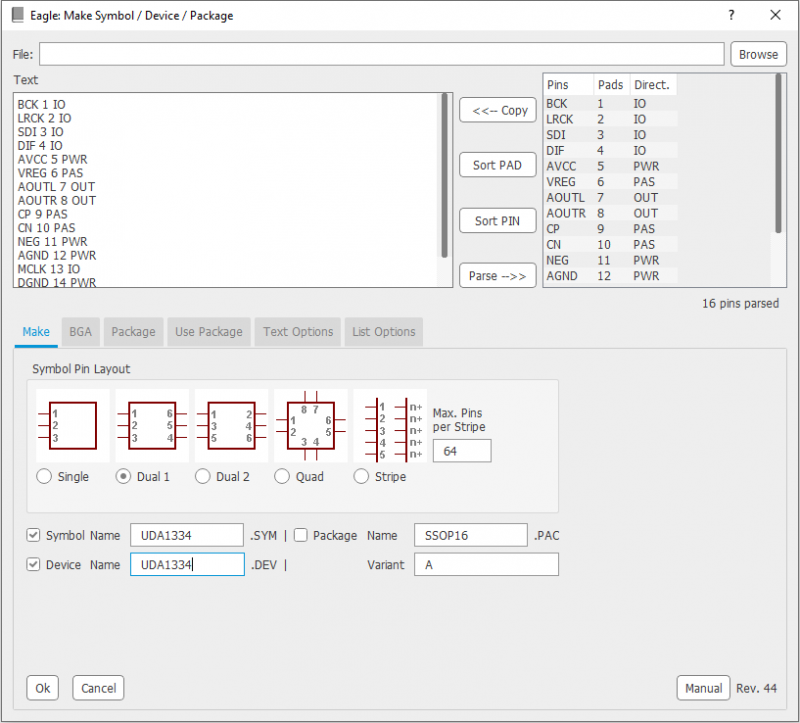 Generates Symbol and Device from a text file containing a list of pin names - Finish