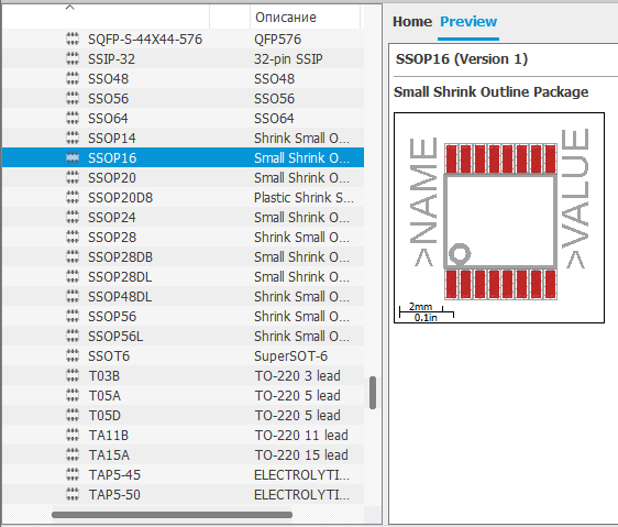 Autodesk EAGLE package selection ssop16